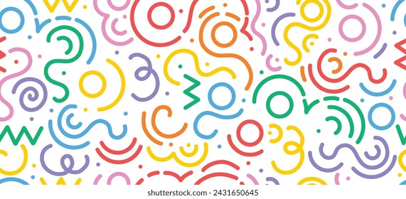 Fun colorful line doodle seamless pattern. Creative minimalist style art background for children or trendy design with basic shapes. Simple party confetti texture, childish scribble shape backdrop on