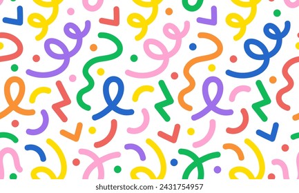 Fun colorful line doodle seamless pattern. Creative minimalist style art background texture for children or trendy design with colorful lines and dots.