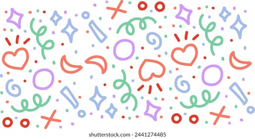 Fun colorful line doodle seamless pattern. Creative minimalist style art background for children or trendy design with basic shapes. Simple childish scribble backdrop