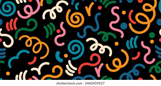 Fun colorful line doodle seamless pattern. Creative minimalist style art background