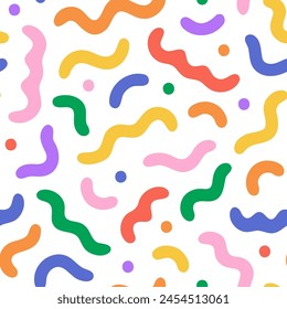 Fun colorful line doodle seamless pattern. Creative abstract style art symbol background for children or celebration design with basic shapes. Simple childish scribble wallpaper print.