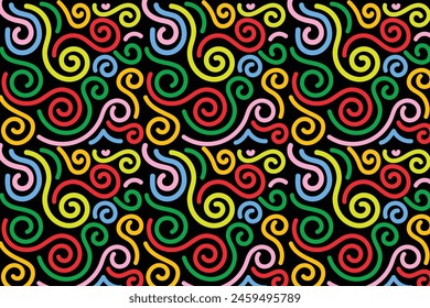 fun colorful line doodle seamless pattern in spiral shape on black background