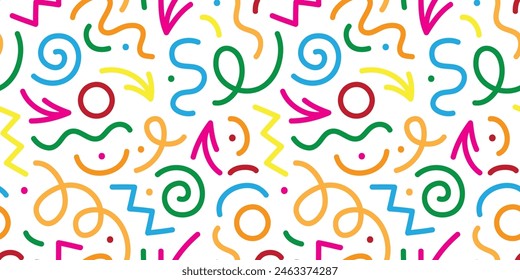 fun colorful line doodle seamless pattern. Creative abstract art background collection for children or festive celebration design. Simple childish scribble wallpaper print texture bundle.
