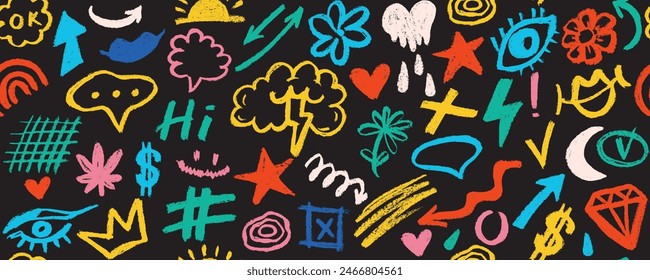 Fun colorful line doodle seamless pattern. Creative comic style art background, trendy design with scribble shapes on black backdrop.