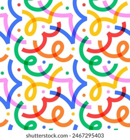 Fun colorful line doodle seamless pattern. Creative minimalist style art background for children or trendy design with basic shapes. Simple party confetti texture, childish scribble shape backdrop.