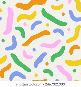 Fun colorful line doodle seamless pattern. Creative abstract style art symbol background for children or celebration design with basic shapes. Simple childish scribble wallpaper print.