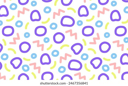 Fun colorful line doodle seamless pattern. Creative minimalist style art background for children or trendy design with basic shapes.