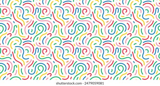 Fun colorful line doodle seamless pattern. Creative abstract squiggle style drawing background for children or trendy design with basic shapes. Simple childish scribble wallpaper print. Vector