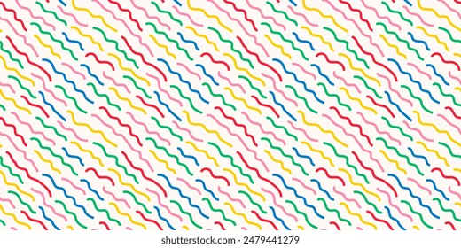 Fun colorful line doodle seamless pattern. Creative minimalist style art background for children or trendy design with basic shapes. Simple party confetti texture, childish scribble shape backdrop.