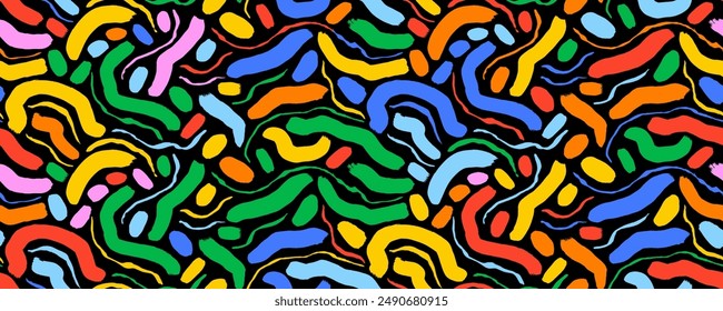 Fun colorful line doodle seamless pattern. Squiggles, scribble brush strokes and crayon lines. Creative abstract modern curved wavy background in fun childish style. Squiggle style drawing.