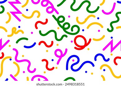 Fun colorful line doodle seamless pattern. Creative minimalist style art background for children or trendy design with basic shapes. Simple childish scribble backdrop.