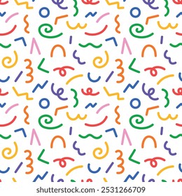 Fun colorful line doodle seamless pattern. Creative minimalist style art background for children or trendy design with basic shapes. Simple party confetti texture, childish scribble shape backdrop.