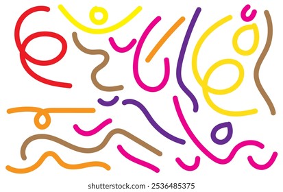 Fun colorful line doodle seamless pattern. Creative minimalist style art background for children or trendy design with basic shapes. Simple party confetti texture, childish scribble shape backdrop.