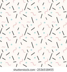Fun colorful line doodle seamless pattern. Creative minimalist style art background for children or trendy design with basic shapes. Simple childish scribble backdrop.