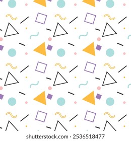 Fun colorful line doodle seamless pattern. Creative minimalist style art background for children or trendy design with basic shapes. Simple childish scribble backdrop.