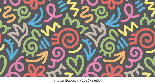 fun colorful line doodle seamless pattern. Creative abstract art background collection for children or festive celebration design. Simple childish scribble wallpaper print texture bundle.