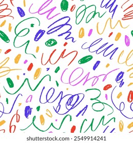 Fun colorful line doodle seamless pattern. Crayon drawn squiggles, blobs and rough thin swirls. Hand drawn childish confetti background. Vector childish multi colored scribbles texture.
