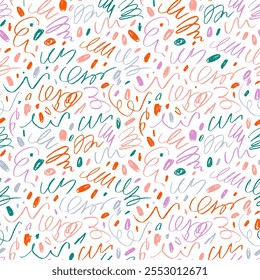 Fun colorful line doodle seamless pattern. Crayon drawn squiggles, blobs and rough thin swirls. Hand drawn childish confetti background. Vector childish multi colored scribbles texture.