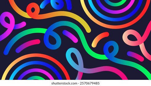 Fun colorful line doodle seamless pattern, Rainbow Gradient Shapes