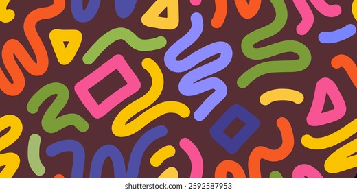Fun colorful line doodle seamless pattern for kids birthday party or celebration background, trendy design with scribble shapes on black backdrop