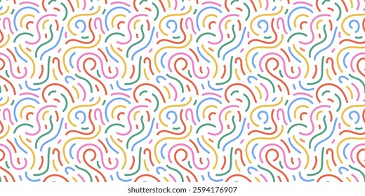 Fun colorful line doodle seamless pattern. Creative minimalist style art background for children or trendy design with basic shapes. Simple childish scribble backdrop. Vector stock background