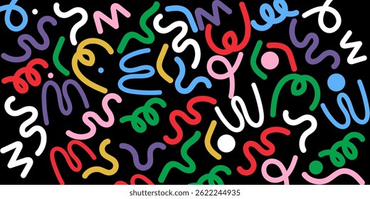 Fun colorful line doodle seamless pattern. Creative minimalist style art background for children or trendy design with basic shapes. Simple party confetti texture, childish scribble shape backdrop.
