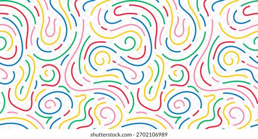 Fun colorful line doodle seamless pattern. Creative minimalist style art background for children or trendy design with basic shapes. Simple childish scribble backdrop. Vector stock background
