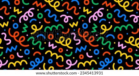 Fun colorful line doodle seamless pattern. Creative minimalist style art background for children or trendy design with basic shapes. Simple party confetti texture, childish scribble shape backdrop.