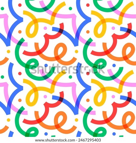 Fun colorful line doodle seamless pattern. Creative minimalist style art background for children or trendy design with basic shapes. Simple party confetti texture, childish scribble shape backdrop.