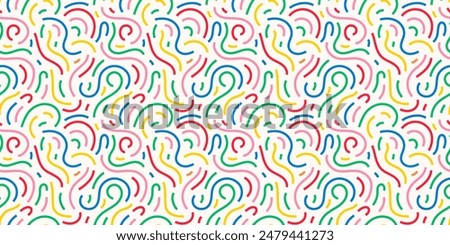 Fun colorful line doodle seamless pattern. Creative minimalist style art background for children or trendy design with basic shapes. Simple childish scribble backdrop. Vector stock background