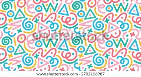 Fun colorful line doodle seamless pattern. Creative minimalist style art background for children or trendy design with basic shapes. Simple childish scribble backdrop. Vector stock background