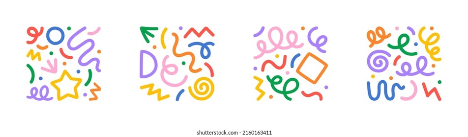 Fun colorful line doodle shape set. Creative minimalist style art symbol collection for children or party celebration with basic shapes. Simple upbeat childish drawing scribble decoration. - Shutterstock ID 2160163411