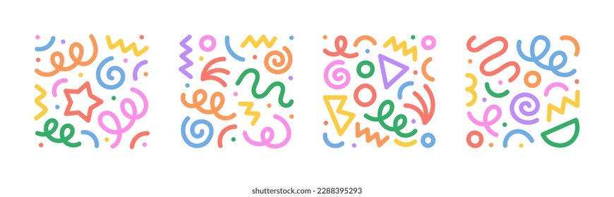 Fun colorful line doodle shape set. Creative minimalist style art symbol collection for children or party celebration with basic shapes. Simple upbeat childish drawing scribble decoration.