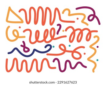 Conjunto de formas de doodle de línea divertida y colorida. Colección de símbolos de arte estilo minimalista creativo para niños o celebración de fiesta con formas básicas.