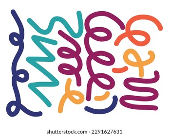 Conjunto de formas de doodle de línea divertida y colorida. Colección de símbolos de arte estilo minimalista creativo para niños o celebración de fiesta con formas básicas.