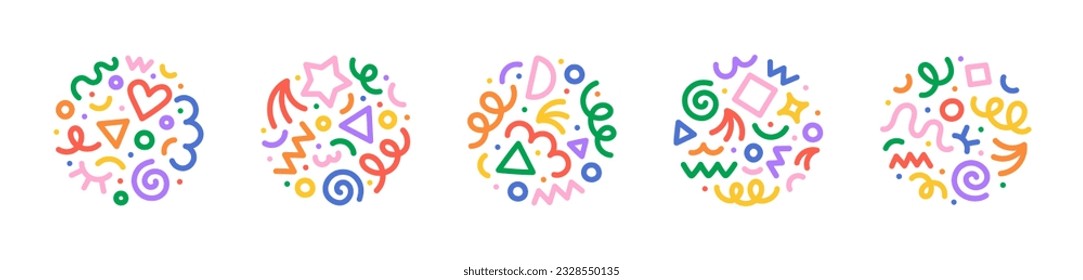 Divertido conjunto de círculo de forma de doodle de línea colorida. Colección de símbolos de arte estilo minimalista creativo para niños o celebración de fiesta con formas básicas. Decoración de garrapatas de dibujos infantiles, sencilla y animada.