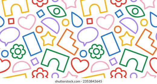 Fun colorful line doodle shape seamless pattern. Creative minimalist style art background for children or trendy design with basic shapes. Simple childish scribble backdrop.