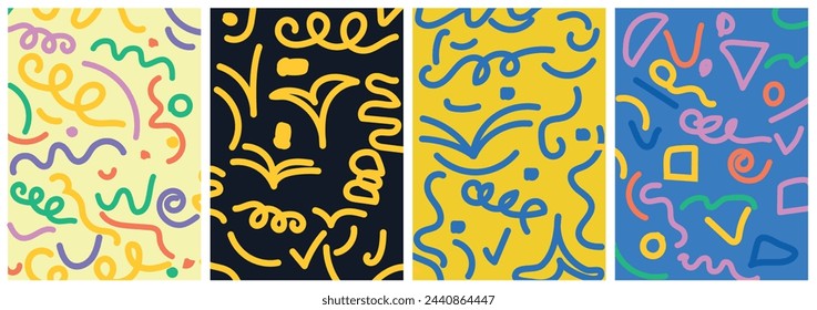 Divertidos garabatos de línea colorida. Fondo de arte minimalista de moda creativa para libros infantiles o diseño de moda con formas simples. Textura de línea simple, garabatos infantiles.
