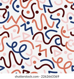 Fun colorful line doodles seamless pattern. Creative minimalist style art background for children. Simple childish scribble wallpaper print texture. 