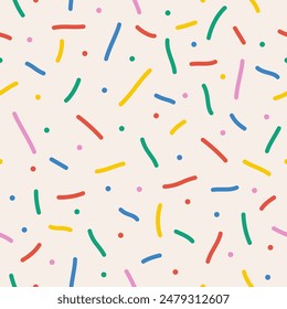 Fun colorful line seamless pattern set. Cute playful childish hand drawn print collection. Creative multicolor shape background. Simple confetti party texture. Vector illustration