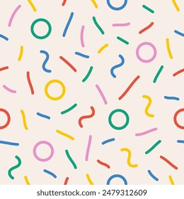 Fun colorful line seamless pattern set. Cute playful childish hand drawn print collection. Creative multicolor shape background. Simple confetti party texture. Vector illustration