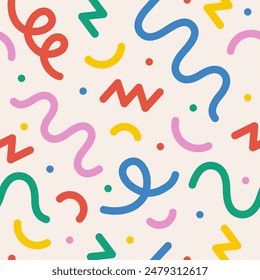 Lustige bunte Linie nahtlose Muster-Set. Nette verspielte kindliche handgezeichnete Print-Kollektion. Kreativer mehrfarbiger Formenhintergrund. Einfache Konfetti-Party-Textur. Vektorillustration