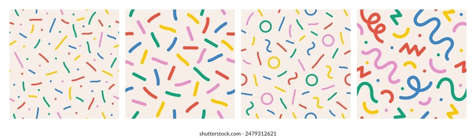 Fun colorful line seamless pattern set. Cute playful childish hand drawn print collection. Creative multicolor shape background. Simple confetti party texture. Vector illustration