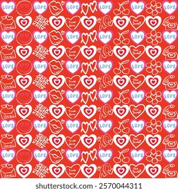 Fun and colorful love-themed pattern with hearts, kisses, and sweet icons. Ideal for Valentine's Day designs, gift wrapping, and romantic decorations.