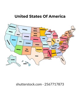 Fun Colorful Map United States of America Isolated on white Background