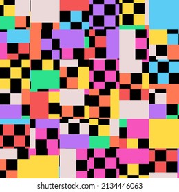 A fun and colorful mixed up checker board mosaic background textile pattern.
