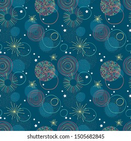 Fun and colorful New Years firework seamless pattern - hand drawn abstract doodles circles - great for New Years prints, invitations, textiles, wallpapers, banners - vector surface design