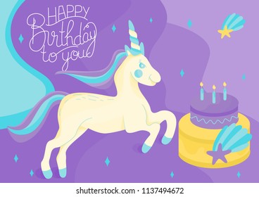 Fun; colorful and original birthday greetings with cute unicorn and yummy cake. Hand Drawn card for birthday; anniversary; party invitations; scrapbooking. Vector illustration