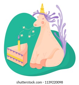 Fun; colorful and original birthday greetings with cute unicorn and yummy cake. Hand Drawn card for birthday; anniversary; party invitations; scrapbooking. Vector illustration