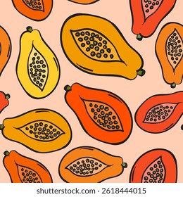 Fun and colorful papaya fruit motif, illustrated in a modern, cartoon style, evoking tropical vibes and fresh energy for your creative projects. Ideal for prints, textiles, and creative branding.
